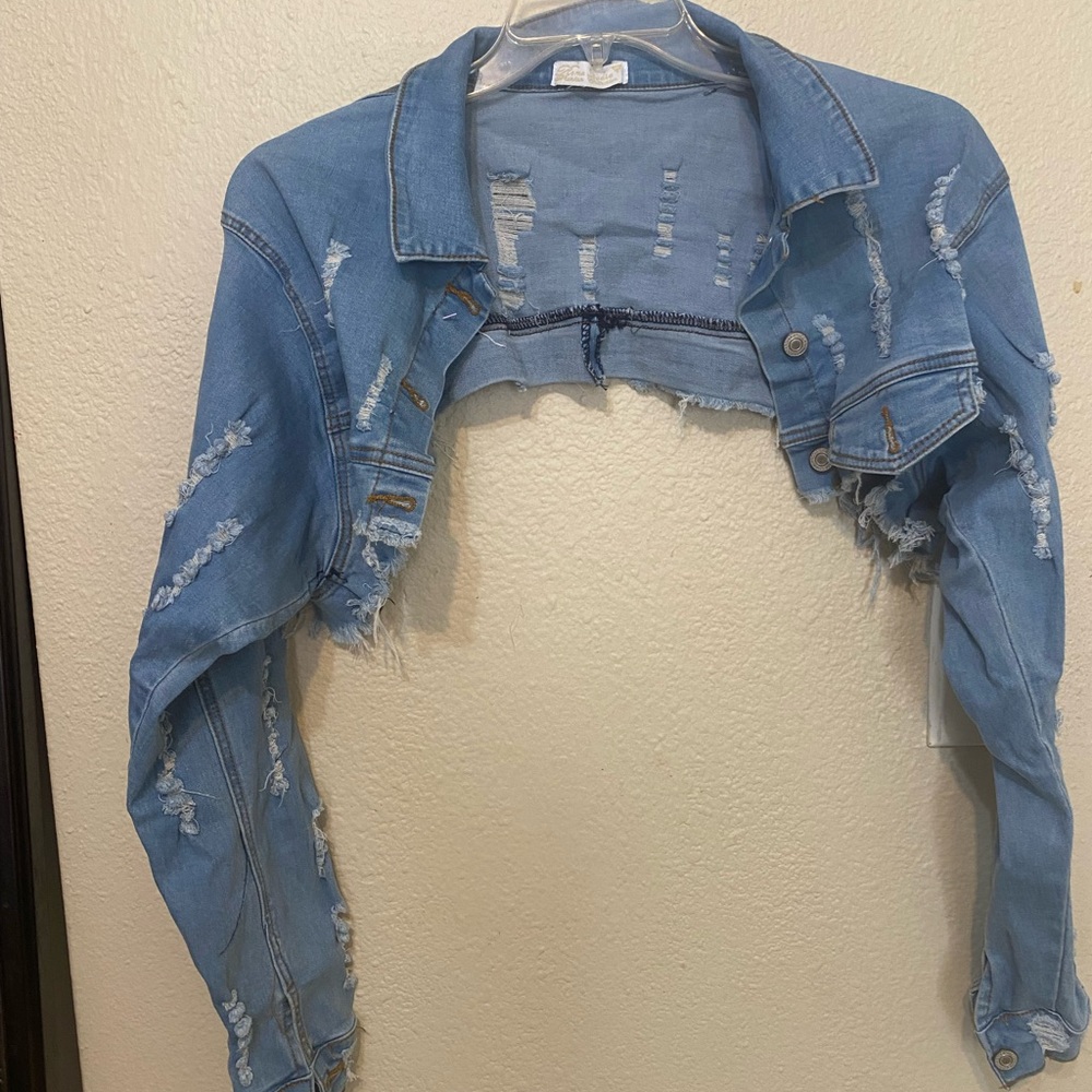 Trendy Light Blue Distressed Jean Jacket